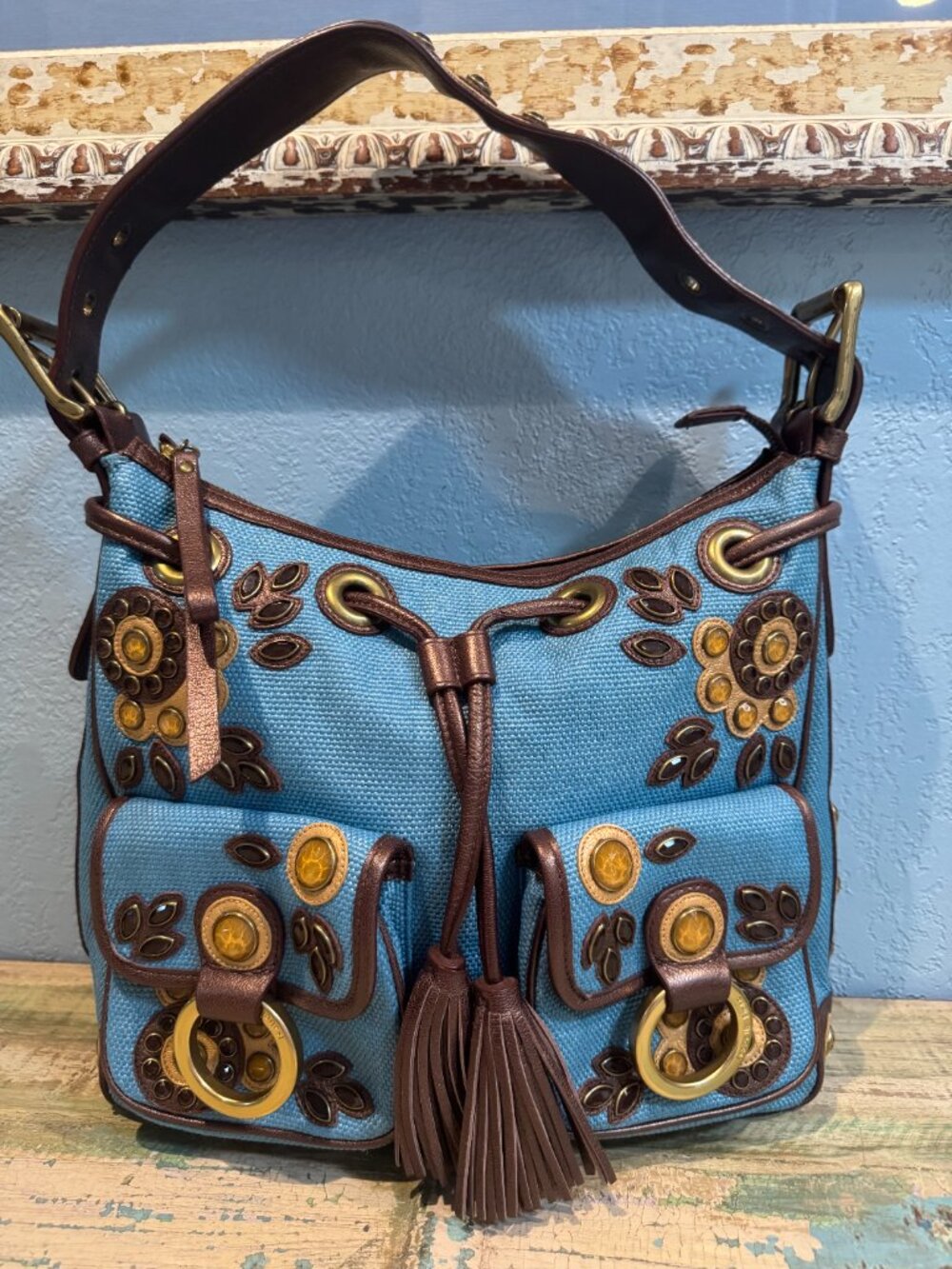 EUC ISABELLA FIORE "SET IN STONE" BLUE MEDIUM BAG WITH GOLD RHINESTONE DETAILS
